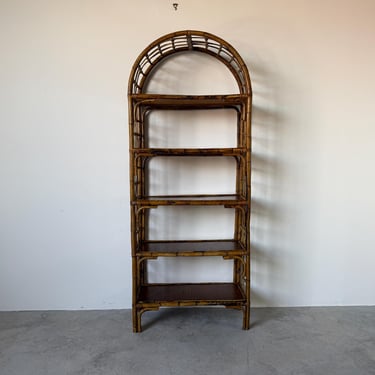 1970's Vintage Coastal Bamboo Rattan Arched Etagere Shelf 