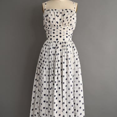 vintage 1950s dress | White Cotton Polka Dot Full Skirt Sun Dress | XS - Small 