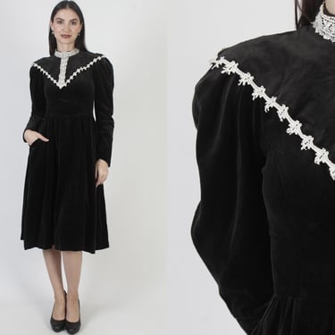Gunne Sax Black Velvet Dress, Jessica McClintock Victorian Gown, Midi With Pockets 