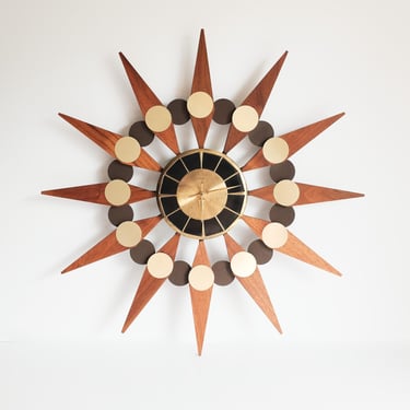 Vintage Mid Century Welby Starburst Clock - Original Walnut Wood Starbursts +Black on Brass Face 