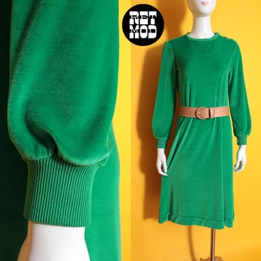 So Cool Vintage 70s 80s Apple Green Velour T-Shirt Dress 