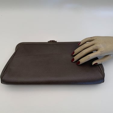 Vintage 1960s Deep Taupe Brown Faux Leather Clutch Bag with Gold Hammered Clasp Paisley Lined 