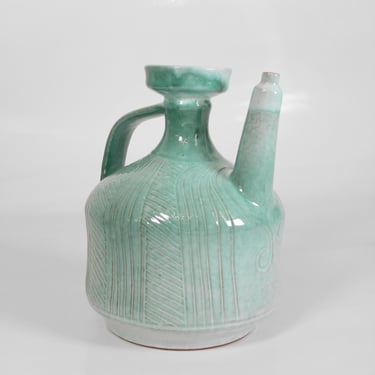 Vintage Turquoise Blue Ocean Green White Ceramic Pitcher Vase Mid Century Modern West German Pottery Art Sculptural Chinese Dynasty Style 
