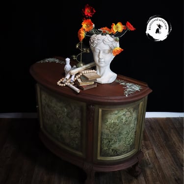 Louis XVI Style Walnut HalfMoon Credenza hand Painted Chateau  Inspired Buffet. Storage Cabinet. Colorful Entryway Cabinet.Whimsical Half Mo 
