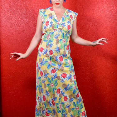 1930s Bias Cut Pineapple Print Rayon Dress 
