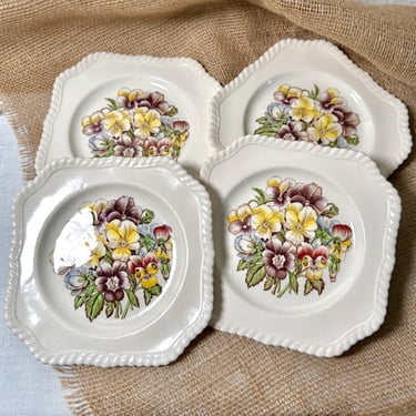4 Vintage Johnson Brothers' Old Flower Prints Salad or Dessert Plates, Square Pansy Design, English Porcelain, Brown Transferware 