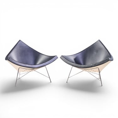 George Nelson for Vitra Mid Century Black Leather Coconut Chairs - Pair - mcm 