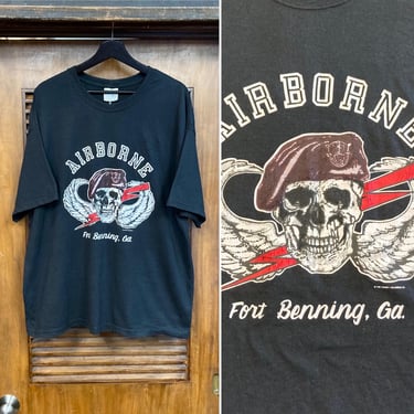 Vintage 1990’s Skull Airborne Military Base Skeleton 50/50 T-Shirt, Hanes Label, 1990’s Shirt 