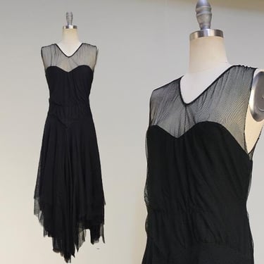 1920s Black Silk Net Dress / Sheer Illusion Neckline / Asymmetrical Hem / Size Small Medium 