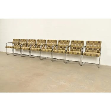 Mies Van Der Rohe Brno Style Mid-Century Modern Chrome Tubular Cantilever Club Chairs, Set of Eight