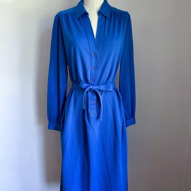 Vintage 1980s Blue Belted Shift Dress / M 