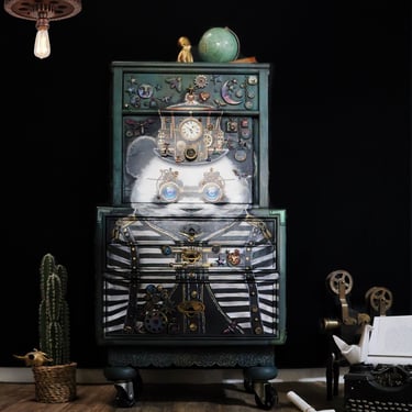 Steampunk Dresser Armoire hand Painted toolbox   Inspired. Bedroom Storage Cabinet. Colorful Entryway Cabinet. Whimsical Armoire. 