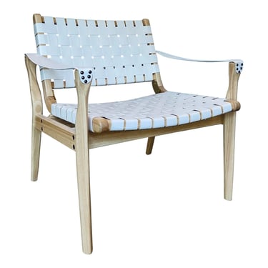 Organic. Modern White Vinyl Straps Natural Wood Lounge Chair