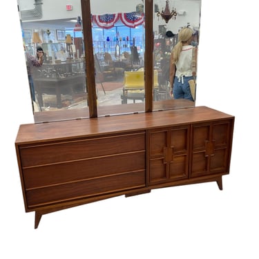 MCM solid wood dresser w/mirror & geometric recessed panel doors, 31H. 76W. 20D.