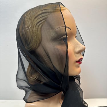 Vintage sheer black scarf~ neck scarves or headscarf ~ synthetic see through style nylon type large rectangle 