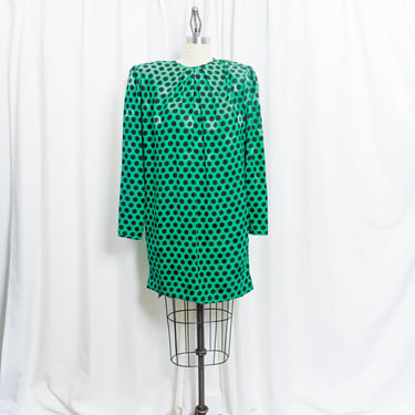 80s Green Black Ungaro Dotted Silk Dress Vintage 1980s Polka Dot Pussy Bow Long Sleeve Mini Dress 