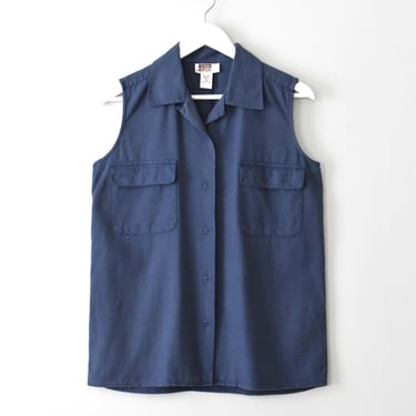 Vintage Raw Silk Blouse, 90s Blue Sleeveless Button Down Shirt, S / M 