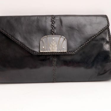20's Art Deco Black Leather Handbag Purse Clutch Vintage Antique 1920's, 1930's Lucite Clasp Flapper era & style 