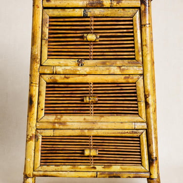 Vintage Bamboo Three Drawer Chest Tortoise Shell Rattan Nightstand Chinoiserie Storage 