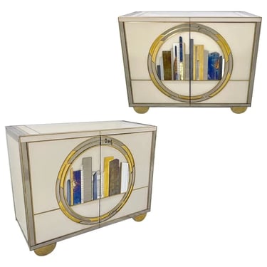 Italian Bespoke Modern Ivory Cabinets with Blue Gold Brass New York City Outline