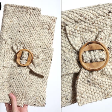 NWOT Boho Vintage 70s Natural Fiber Clutch Purse with Wood Buckle 