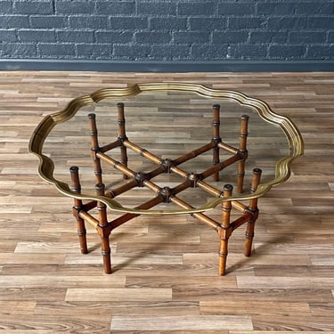 Mid-Century Brass Scalloped Glass Coffee Table w/ Faux Bamboo Base by Baker, c.1970’s 
