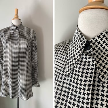 Vintage 1990s Black and White Silk Houndstooth Dogtooth Blouse | Size Large 