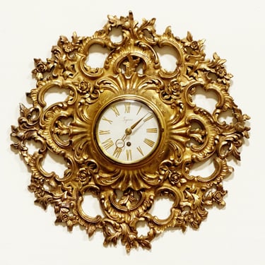 Vintage Mid-Century Modern Gold Ornate Baroque Wall Clock By Syroco 