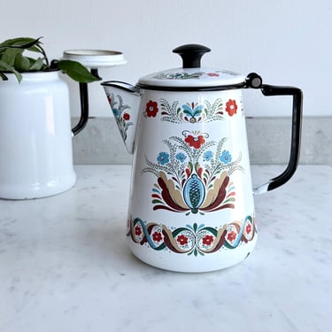 Vintage Swedish Berggren Enamel Coffee Pot Scandinavian Rosemauling Metal Coffee Pot Kettle Teapot Cookware Berggren Trayner Enamelware 