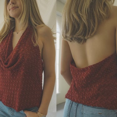 Vintage Halter Top | Silk & Beaded | Cowl-Neck | Size 12 
