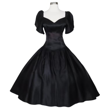 Vintage 80s Black Satin Short Petal Sleeve Hi Lo Full Skirt Prom Gown Party Dress M Medium Ballgown Bow Bridesmaid Costume Formal 