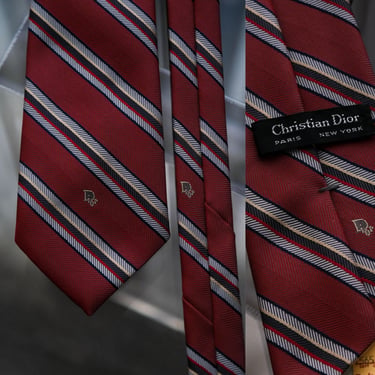 Vintage 70s CHRISTIAN DIOR Burgundy Herringbone Silver & Gold Striped Dior Logo Necktie Unworn w/ Tags | 1970s DIOR Designer Mens Suit Tie 