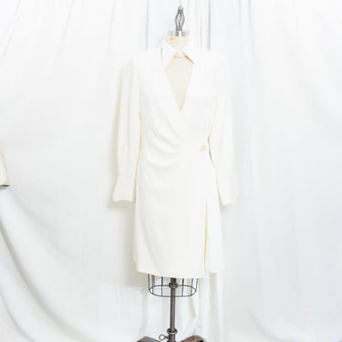 90s Ivory Wrap Bridal Pointy Collar Dress Vintage 1990s Kathryn Dianos Long Sleeve Bridal Courthouse Reception Dress 