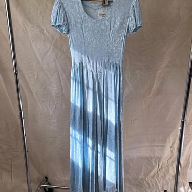 30s Icy Blue Brocade Silk Puff Shoulder Gown Princess Maxi Dress Size XS 