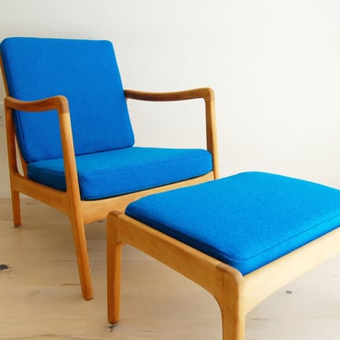 Danish Modern Ole Wanscher Beech Lounge Chair and Ottoman Hallingdal Wool Upholstery 