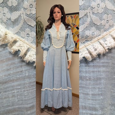 Vintage 1970s Blue & White Cotton Lace Trim Lace Up Leg of Mutton Sleeve Prairie Gunne-Sax-Style Maxi Dress 