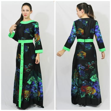 Vintage 60's Alice of California Abstract Trees Neon Kimono Cotton Caftan Hostess Maxi Dress // Modern US 4 6 