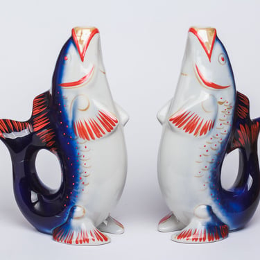 Fish Decanter Drinking Set Porcelain fish Carafe Vodka Whiskey Shot Glasses Ukrainian gift for him couple Man's gift Vintage barware 