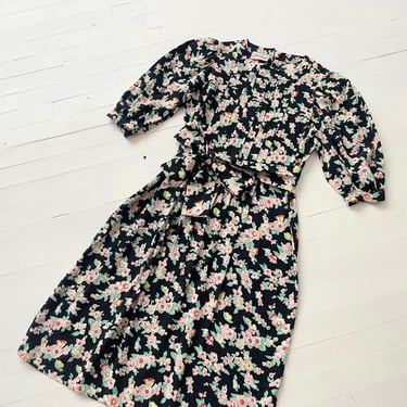1980s Adrianna Papell Black Floral Silk Dress – Puff Sleeve Tie Waist Midi Dress, M/L Vintage 