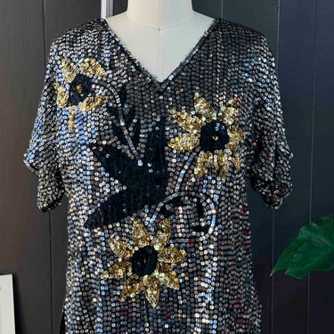 Vintage Silk Silver and Gold Floral Sequin Blouse - Size M
