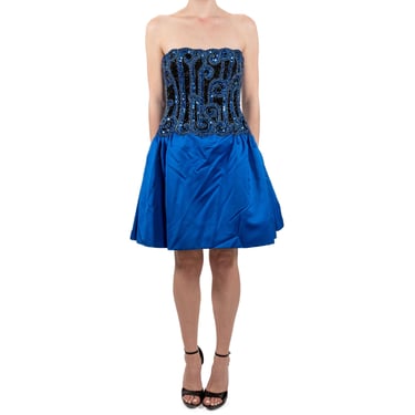 1980S Bob Mackie Electric Blue  Strapless Silk Duchess Satin Beaded Mini Cocktail Dress 