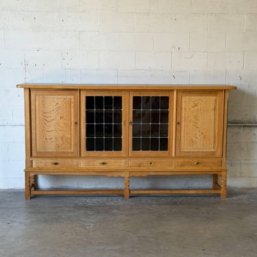 Henning Kjærnulf Stilmøbler Oak Sideboard Credenza with Leaded Glass Doors Danish Mid-Century Modern 1970s 