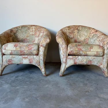 1980’s Postmodern Vladimir Kagan-Style Flare Arm Upholstered Lounge Chairs – A Pair 