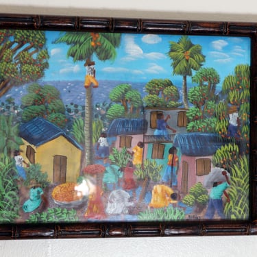 Framed Haitian Oil Painting Signed ALABY Vintage Folk Art Bright Colors 18X14