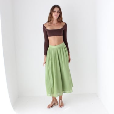 90s Laura Ashley Apple Green Cotton High Waist Circle Midi Skirt 