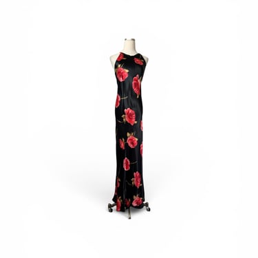 1980s Rose Print Satin Slip Dress 