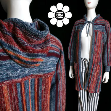 Fabulous Vintage 70s Blue Brick Maroon Space Dye Variegated Stripe Long Boho Cardigan Sweater with Hood and Pockets 