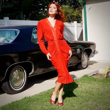1980s Red Ruched Suede Dress by Lotus / 80s Suede Cocktail Dress 