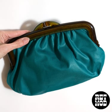 Chic Vintage 70s Teal Clutch Handbag with Amber Lucite Top Clasp 
