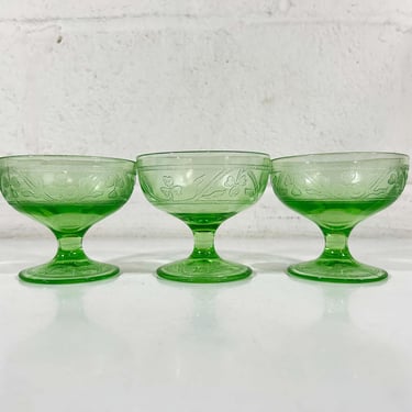 Vintage Hazel Atlas Uranium Glass Set of 3 Green Depression Cloverleaf Footed Sherbet Pressed Clover Dessert Bowl 30s 1930s 